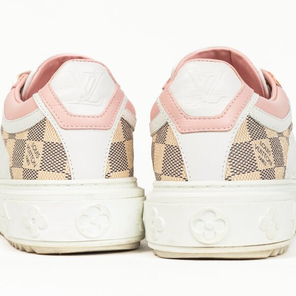 Louis Vuitton Time Out Rose Clair Pink Embossed-Calfskin & Damier Azur Sneakers - Picture 9 of 12